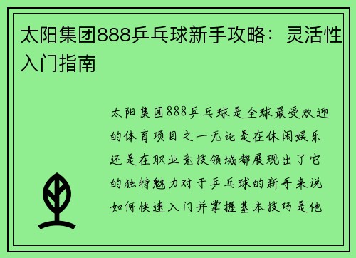 太阳集团888乒乓球新手攻略：灵活性入门指南